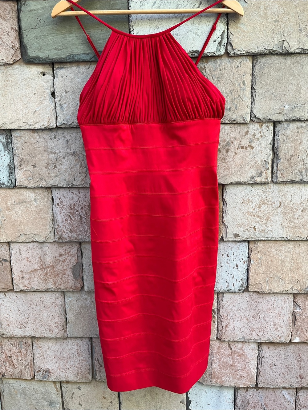 Adrianna Papell Vibrant Red Pleated Halter Midi Dress